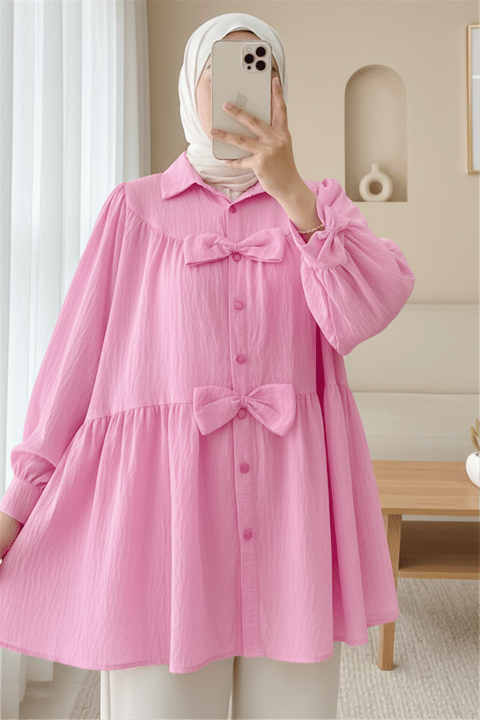 Önü Fiyonk Detaylı Parçalı Gömlek -Pembe-Gömlek-398-1026-R20
