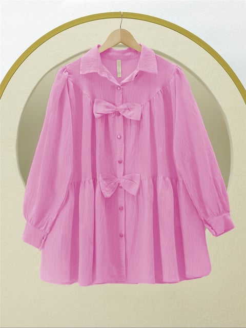 Önü Fiyonk Detaylı Parçalı Gömlek -Pembe-Gömlek-398-1026-R20