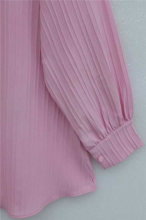 Önü Kurdele Detaylı Düğmeli Önlük Yaka Gömlek -Pembe-Gömlek-398-1022-R20