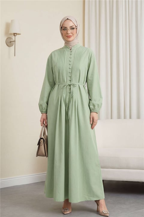 Önü Nervürlü Yarım Düğmeli Poplin Elbise -A.Yeşil-Elbise-111-61583-R69