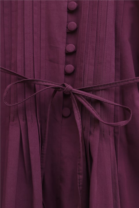 Önü Nervürlü Yarım Düğmeli Poplin Elbise -Mürdüm-Elbise-111-61583-R09