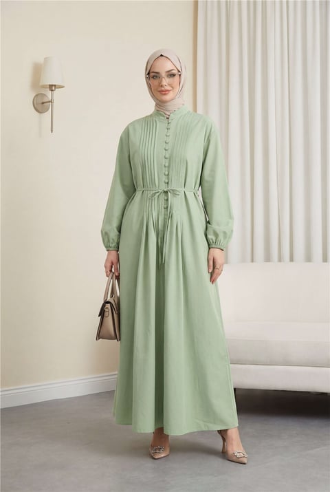 Önü Nervürlü Yarım Düğmeli Poplin Elbise -A.Yeşil-Elbise-111-61583-R69