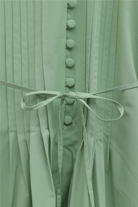 Önü Nervürlü Yarım Düğmeli Poplin Elbise -A.Yeşil-Elbise-111-61583-R69