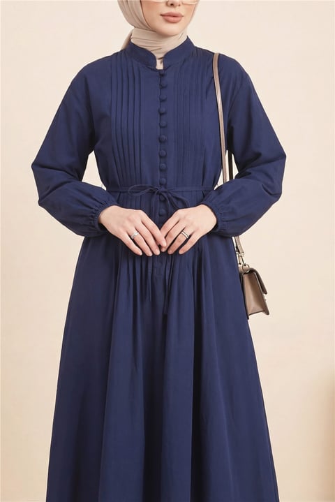 Önü Nervürlü Yarım Düğmeli Poplin Elbise -Laci-Elbise-111-61583-R03