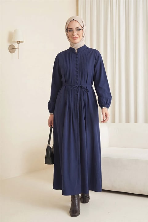 Önü Nervürlü Yarım Düğmeli Poplin Elbise -Laci-Elbise-111-61583-R03