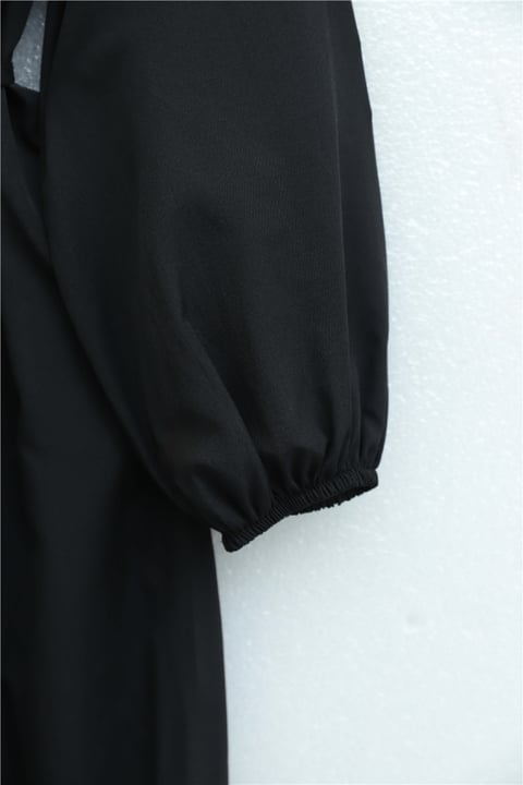 Önü Nervürlü Yarım Düğmeli Poplin Elbise -Siyah-Elbise-111-61583-R01