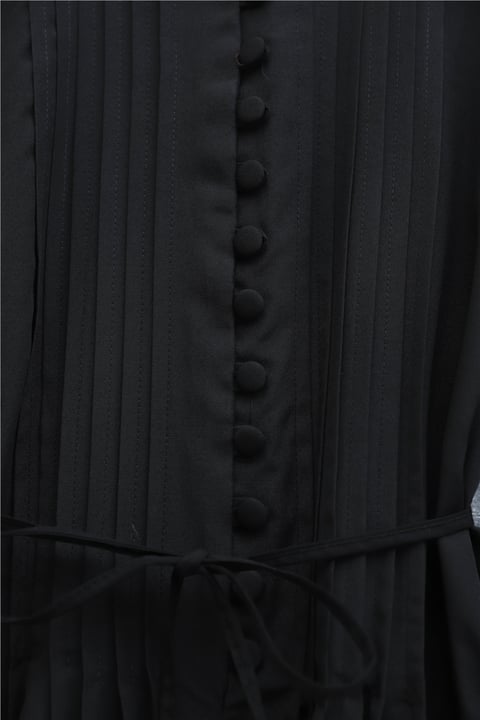 Önü Nervürlü Yarım Düğmeli Poplin Elbise -Siyah-Elbise-111-61583-R01