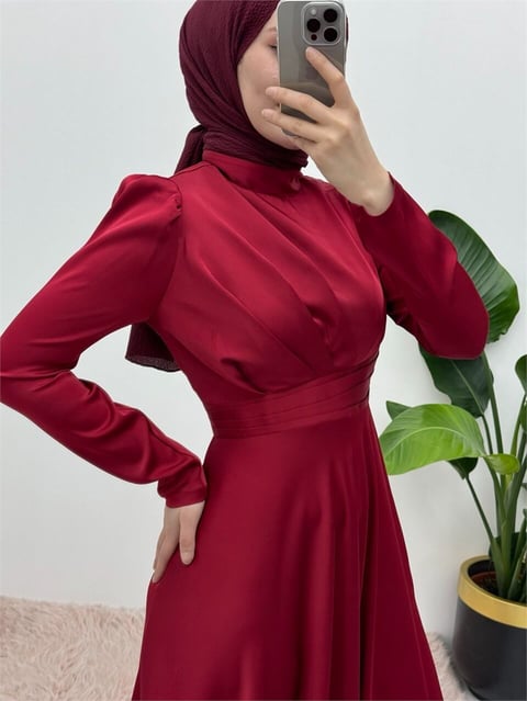 Önü Pliseli Saten Abiye  -Bordo-Saten Abiye-337-6759-R04