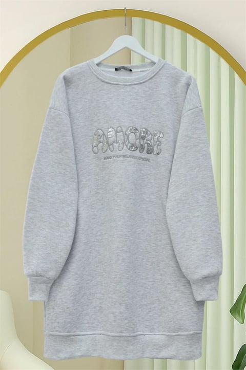Önü Pul Payet Detaylı Yazılı Üç İplik Sweat -Açık Gri-Sweatshirt-349-5279-R41
