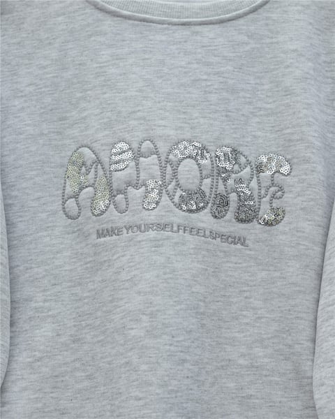 Önü Pul Payet Detaylı Yazılı Üç İplik Sweat -Açık Gri-Sweatshirt-349-5279-R41