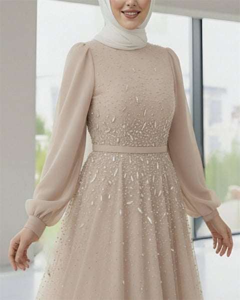 Önü Taş Detaylı Astarlı Tül Abiye -Bej-Abiye-316-4789-R56
