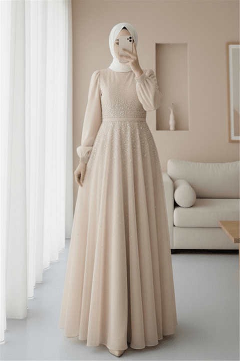 Önü Taş Detaylı Astarlı Tül Abiye -Bej-Abiye-316-4789-R56