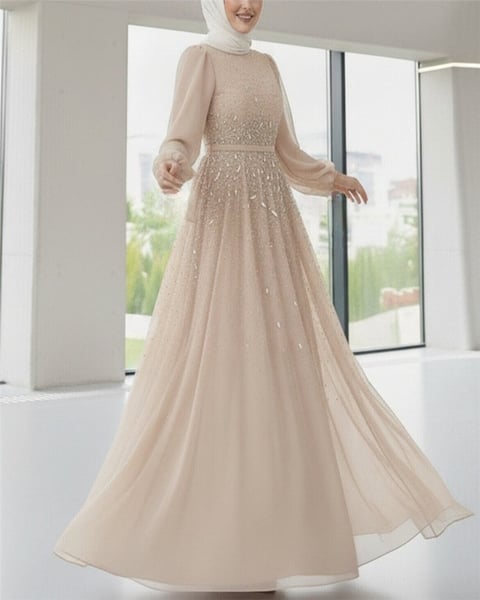 Önü Taş Detaylı Astarlı Tül Abiye -Bej-Abiye-316-4789-R56