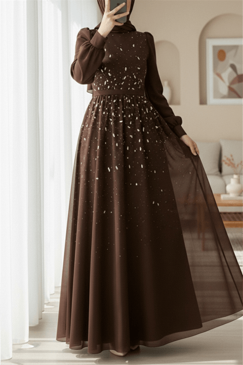 Önü Taş Detaylı Astarlı Tül Abiye -Kahve-Abiye-316-4789-R15