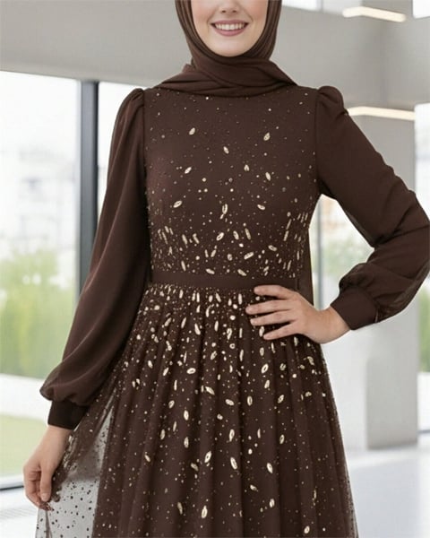 Önü Taş Detaylı Astarlı Tül Abiye -Kahve-Abiye-316-4789-R15