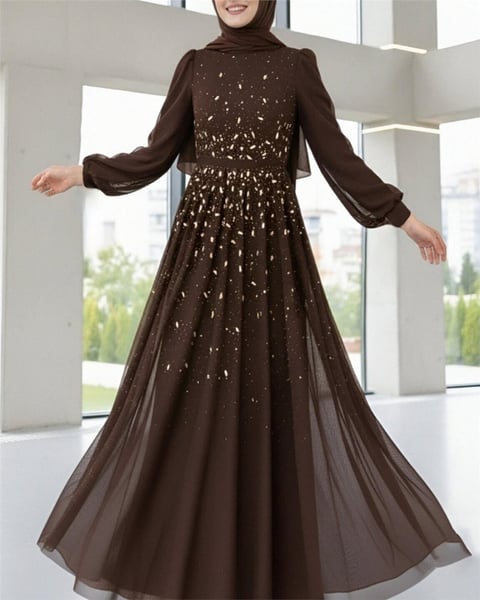 Önü Taş Detaylı Astarlı Tül Abiye -Kahve-Abiye-316-4789-R15