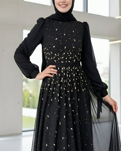Önü Taş Detaylı Astarlı Tül Abiye -Siyah-Abiye-316-4789-R01