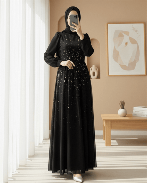 Önü Taş Detaylı Astarlı Tül Abiye -Siyah-Abiye-316-4789-R01