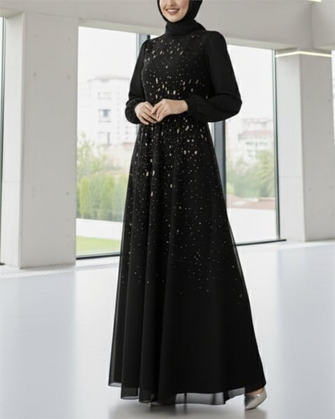 Önü Taş Detaylı Astarlı Tül Abiye -Siyah-Abiye-316-4789-R01