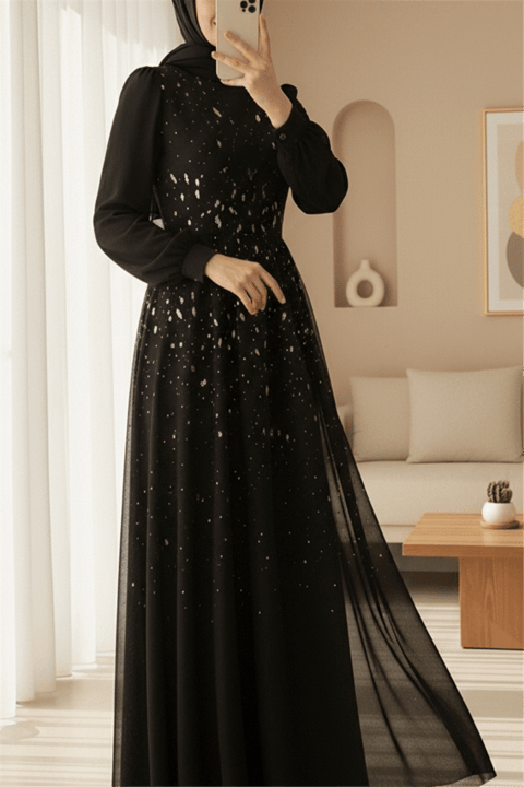 Önü Taş Detaylı Astarlı Tül Abiye -Siyah-Abiye-316-4789-R01