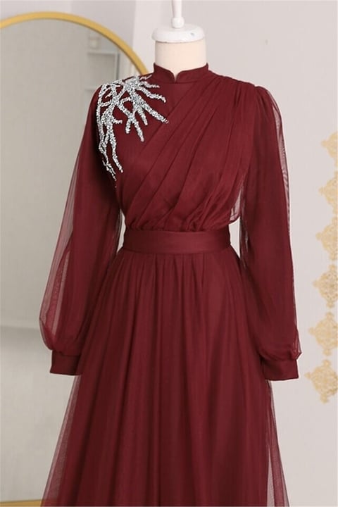 Önü Taş Detaylı Drapeli Kemerli Tül Abiye -Bordo-Tül Abiye-316-4245-R04