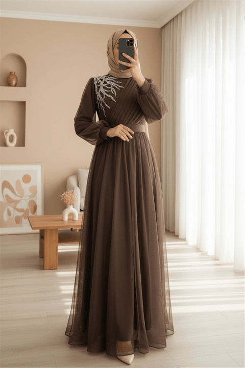 Önü Taş Detaylı Drapeli Kemerli Tül Abiye     -K. Kahve-Abiye-316-4245-R54