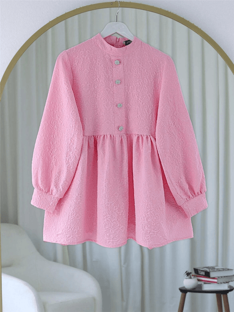 Önü Taşlı Düğme Detaylı Parçalı Arkası Fermuarlı Tunik -Pembe-Tunik-102-2101-R20