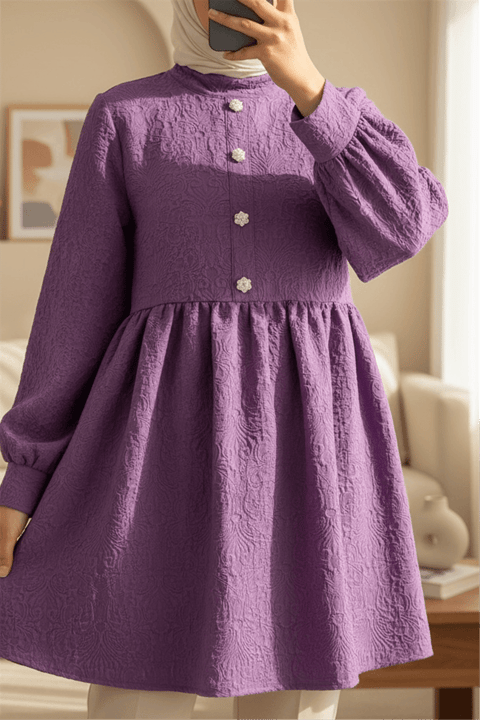Önü Taşlı Düğme Detaylı Parçalı Arkası Fermuarlı Tunik -Mor-Tunik-102-2101-R34