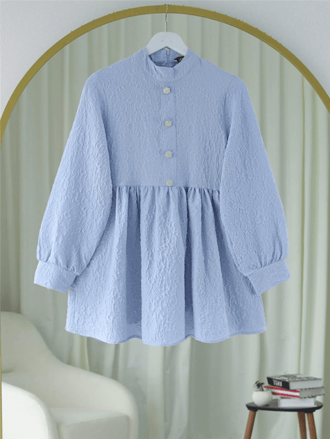 Önü Taşlı Düğme Detaylı Parçalı Arkası Fermuarlı Tunik -Bebe Mavi-Tunik-102-2101-R32