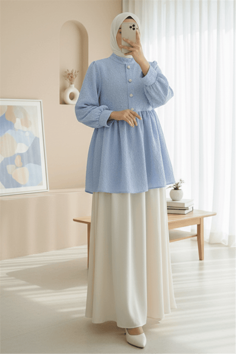 Önü Taşlı Düğme Detaylı Parçalı Arkası Fermuarlı Tunik -Bebe Mavi-Tunik-102-2101-R32