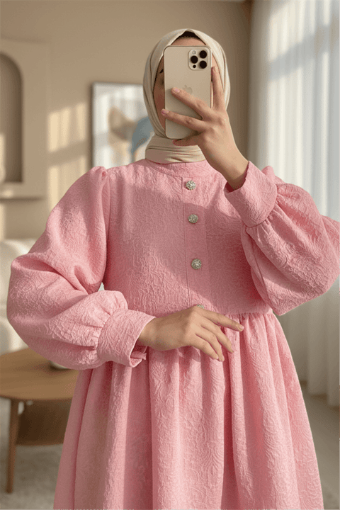 Önü Taşlı Düğme Detaylı Parçalı Arkası Fermuarlı Tunik -Pembe-Tunik-102-2101-R20