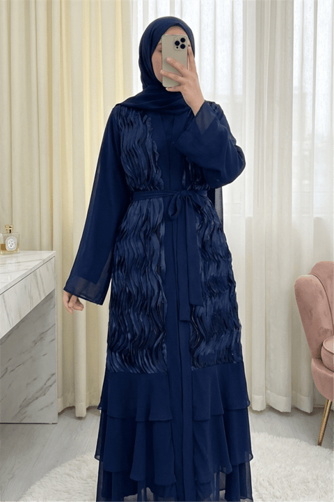 Önü Tül Detaylı Kemerli Eteği Katlı İkili Abaya Takım -Laci-Abaya-316-4816-R03
