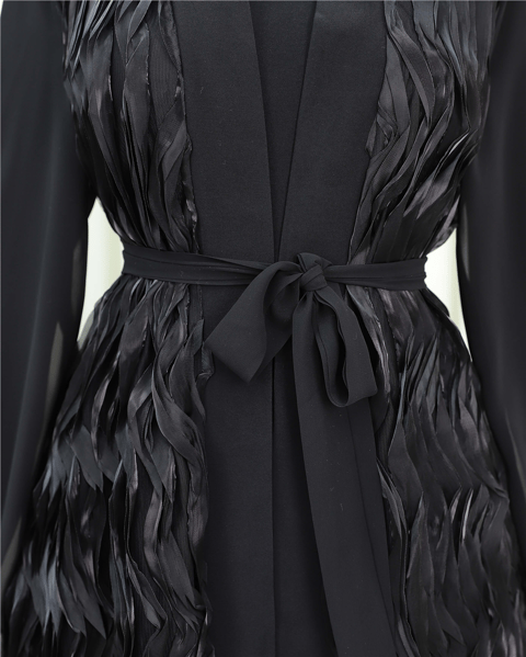 Önü Tül Detaylı Kemerli Eteği Katlı İkili Abaya Takım -Siyah-Abaya-316-4816-R01