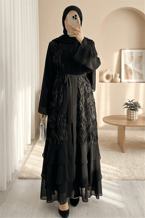 Önü Tül Detaylı Kemerli Eteği Katlı İkili Abaya Takım -Siyah-Abaya-316-4816-R01