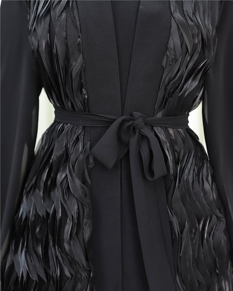 Abaya-Önü Tül Detaylı Kemerli Eteği Katlı İkili Abaya Takım -Siyah-316-4816-R01