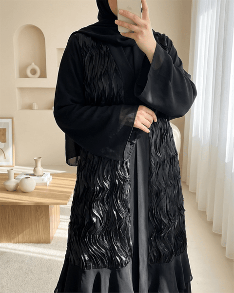 Önü Tül Detaylı Kemerli Eteği Katlı İkili Abaya Takım -Siyah-Abaya-316-4816-R01