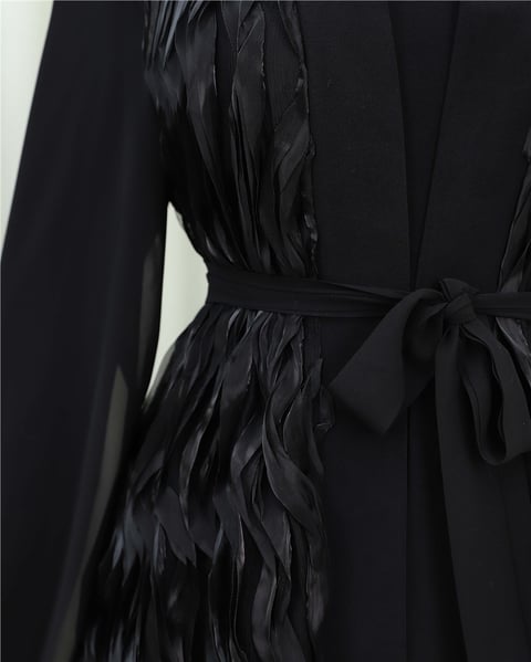 Önü Tül Detaylı Kemerli Eteği Katlı İkili Abaya Takım -Siyah-Abaya-316-4816-R01
