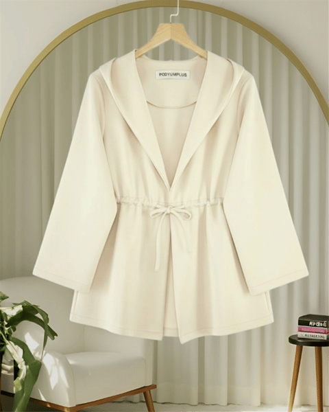 Önü Tünel Bağcıklı Scuba Kimono -Bej-Kimono & Kaftan-223-3066-R56