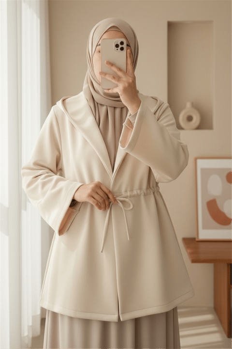 Önü Tünel Bağcıklı Scuba Kimono -Bej-Kimono & Kaftan-223-3066-R56