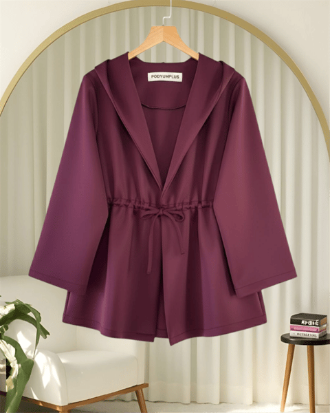 Önü Tünel Bağcıklı Scuba Kimono -Bordo-Kimono & Kaftan-223-3066-R04