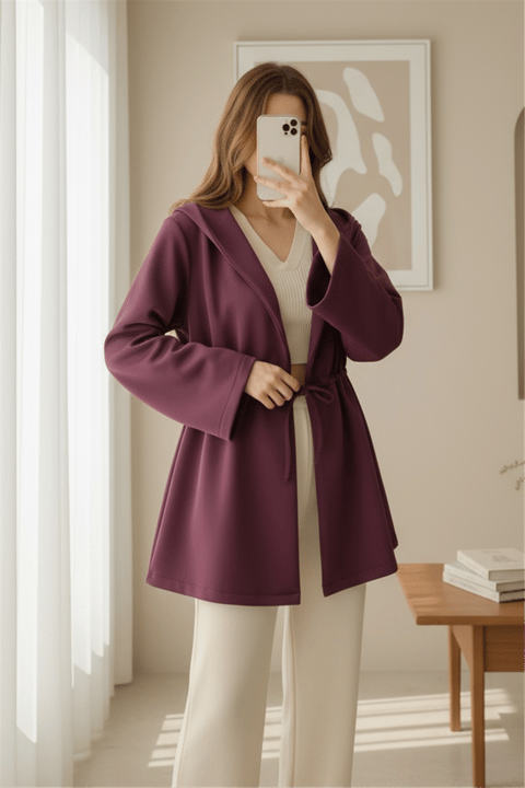 Önü Tünel Bağcıklı Scuba Kimono -Bordo-Kimono & Kaftan-223-3066-R04