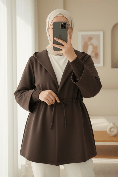 Önü Tünel Bağcıklı Scuba Kimono -K. Kahve-Kimono & Kaftan-223-3066-R54