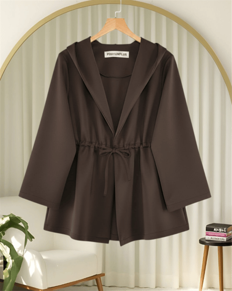 Önü Tünel Bağcıklı Scuba Kimono -K. Kahve-Kimono & Kaftan-223-3066-R54