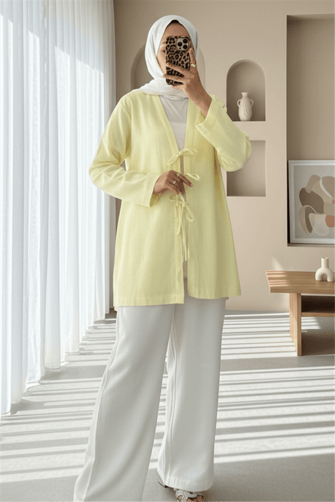 Önü Üç Bağcıklı Keten Kimono -Açık Sarı-KİMONO&KAFTAN-307-2339-R75
