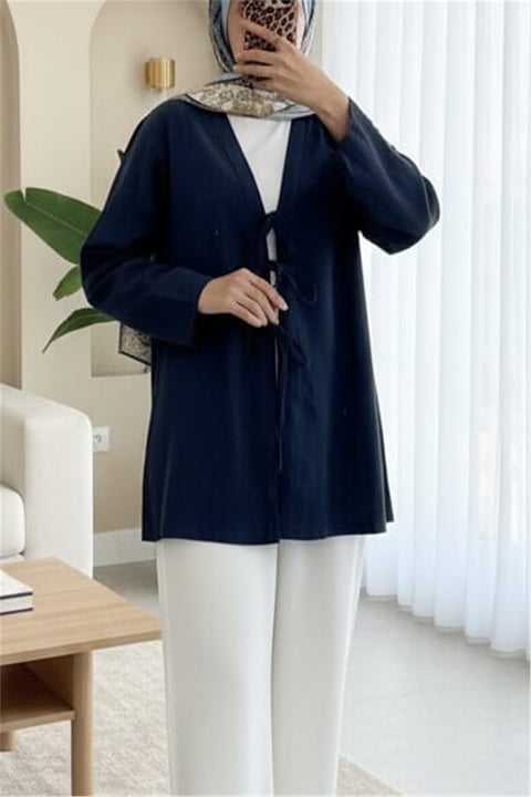 Önü Üç Bağcıklı Keten Kimono -Laci-KİMONO&KAFTAN-307-2339-R03