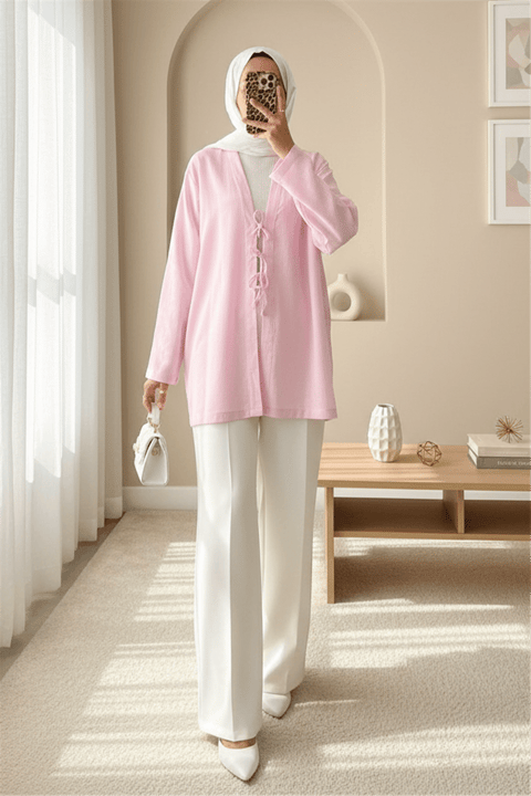 Önü Üç Bağcıklı Keten Kimono -Pudra-KİMONO&KAFTAN-307-2339-R06
