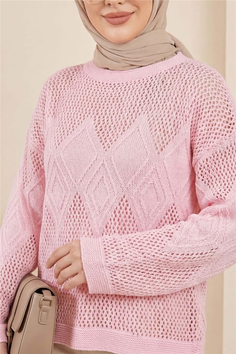 Önü Ve Kolları Desenli Ajurlu Triko Kazak -Pembe-Kazak-109-1200-R20