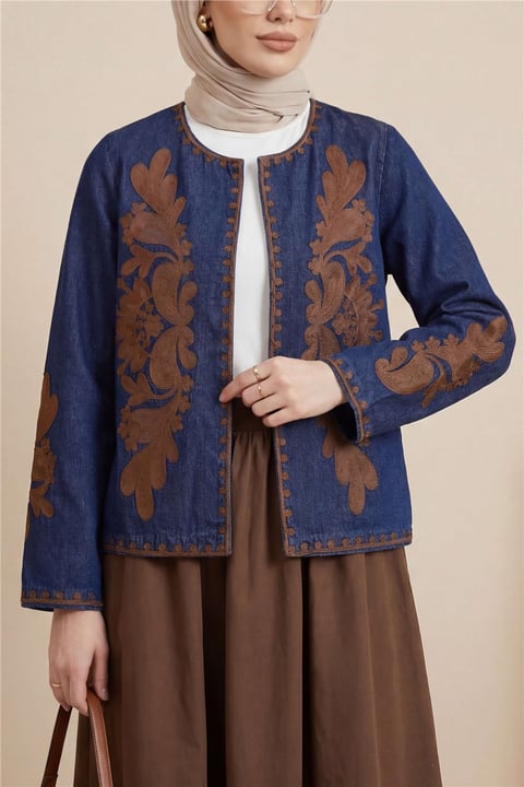 Önü Ve Kolları Nakış İşlemeli Kot Ceket -Laci-Ceket-364-5583-R03