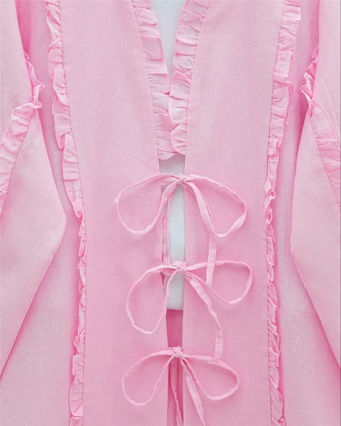 Önü Ve Kolu Fırfırlı Bağlamalı Keten Gömlek -Pembe-Gömlek-362-4457-R20