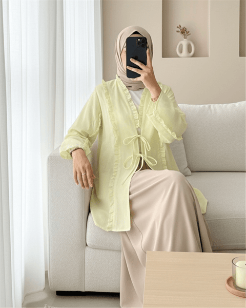 Önü Ve Kolu Fırfırlı Bağlamalı Keten Gömlek -Açık Sarı-Gömlek-362-4457-R75